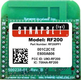 The RF200 embeds Synapse s SNAP OS, the industry s first Internet-enabled, wireless mesh network operating system into the Atmel ATmega128RFA1 single-chip AVR microcontroller with an integrated
