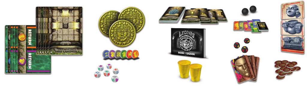 FULL SET OF CONTENTS 1 12 Double-sided Game Board Panels 2 3 Pendants of Life 3 6 Team Tokens with Stands 4 6 Team Dice 5 25 Lost Treasure Cards 6 1 Book of Legends 7 2 Golden Cups of Belshazzar 8 2