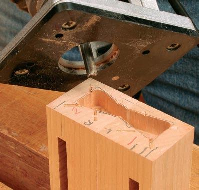 Use a small router to cut close to the line (left) and a chisel to finish the job. Cut a rabbet on the underside of the dovetails. Use a tenoning jig. The shallow lip ( 6 in.