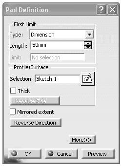 Chapter 2: SKETCHER: Tutorial 2.1 12) Exit the Sketcher and Pad the sketch to a length of 50 mm. 13) Save your drawing. Section 2: Using construction elements. 1) Deselect all.