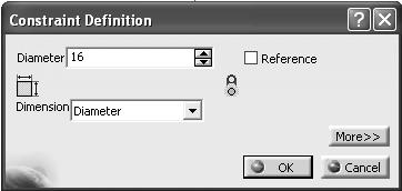 6) Double click on the D20 dimension. In the Constraint Definition window, change the diameter from 20 to 16 mm.