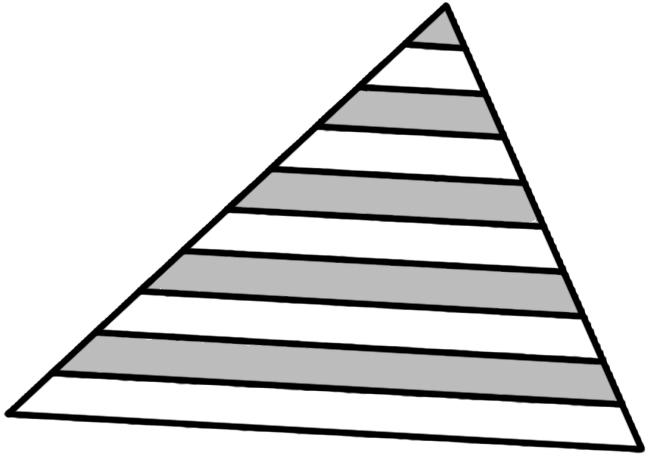 5 points 21. Lines parallel to the base divide each of the other two sides of the triangle shown into 10 equal segments. What percentage of the triangle is the grey area?