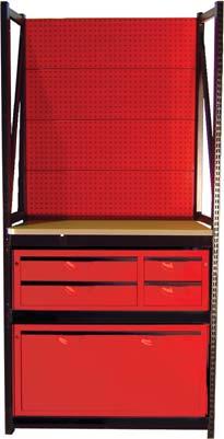 This unit has plenty of drawers plus a workbench and tool display.