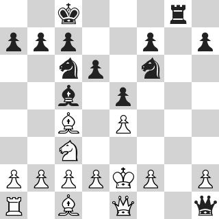 13...Kh8 14.Qd2 Rg8 15.Qh6 Attacking the kingside. 15...Rxg1+ 16.Rxg1 Qg8?! 17.Bxf7 17.Rxg8+ Rxg8 18.Bxf6+ Rg7 19.Qxg7#.