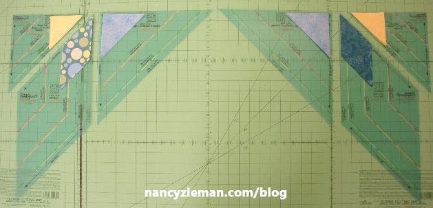 Rather than creating two complete blocks, create four half-blocks and place on point. Stitch 2 light green sashing strips to each half-block. Press seams to sashing.
