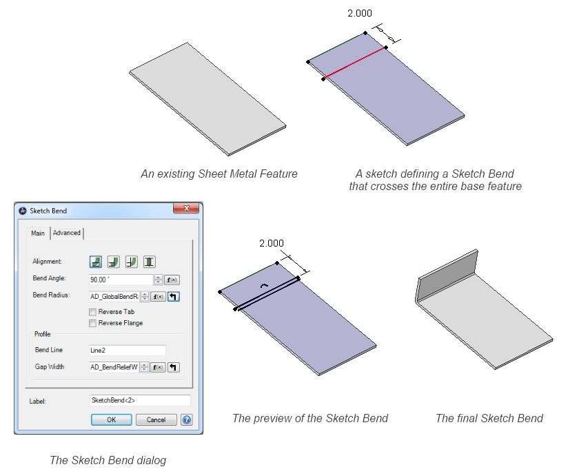 SKETCH BENDS This new tool allows you to create bend lines directly from a sketch. These bend lines are used to fold a tab or flange.