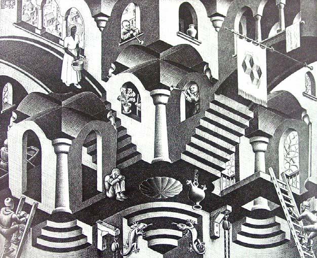 Plate (3) M. C. Escher. Concave and Convex. 1955. Lithograph, 28 x 33.
