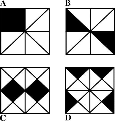 5. In which of the four squares is the fraction of the black area the largest? (A) A (B) B (C) C (D) D (E) they are all the same 6. A star is made out of four equilateral triangles and a square.