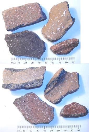 Potters often add other material to the clay to bulk out the ix and make it easier to work with. This is called a temper. These fragments of medieval pot have been tempered with shell.