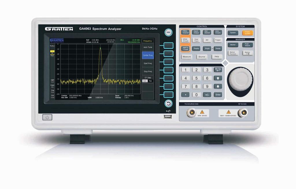 9KHz~3GHz Application GA4063 small size, light weight, cost-effective portable spectrum analyzer to meet your all the RF application demands. It has easy-to-keyboard layout and high-definition 8.