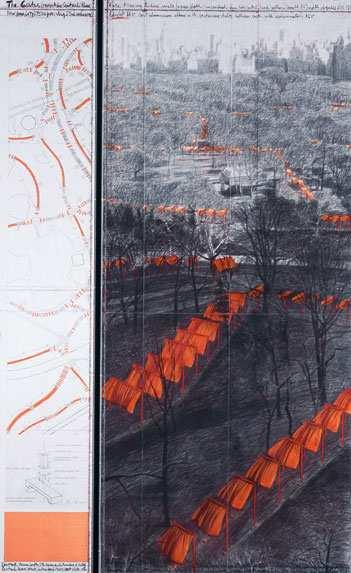 Christo The Gates, Project for Central Park, New York, 2003 Pencil, charcoal, pastel, wax crayon, enamel paint, fabric sample, hand-drawn drawn map, technical data and tape, sheet (1): 96 x 15