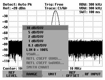 R&S FSH Setting the Amplitude Parameters Entering the display range Press the AMPT key. Press the RANGE softkey. A submenu opens. The various options for scaling the level axis are displayed.