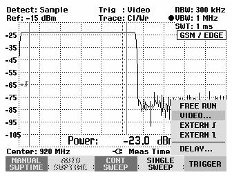 Power measurements on TDMA signals R&S FSH Power readout The R&S FSH displays the measured power at the bottom of the measurement diagram (Power = nn.nn dbm). Usually the trace is not obscured.