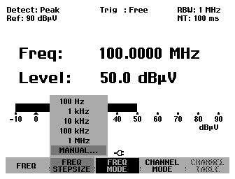 R&S FSH Using the R&S FSH in receiver mode Setting the frequency The frequency is set either in the main menu of the receiver mode or by using the FREQ key.