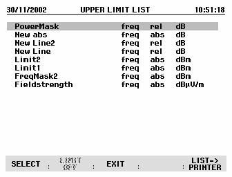 Using Limit Lines R&S FSH Depending on the application, press the UPPER LIMIT or LOWER LIMIT softkey. The R&S FSH displays a list of available limit lines.