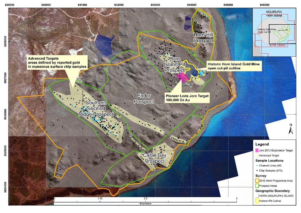 Figure 2 Surface sample locations across Horn Island Prospects with gold target areas and interpretative vein