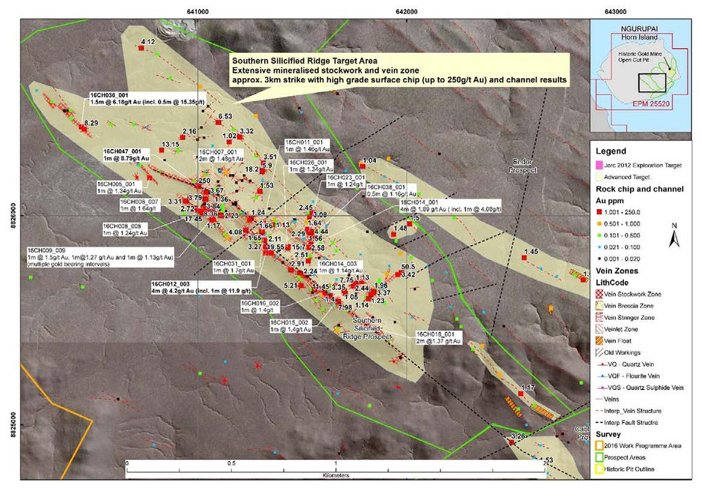 Figure 4Surface chip and channel gold results across target areas of Southern Silicified Ridge