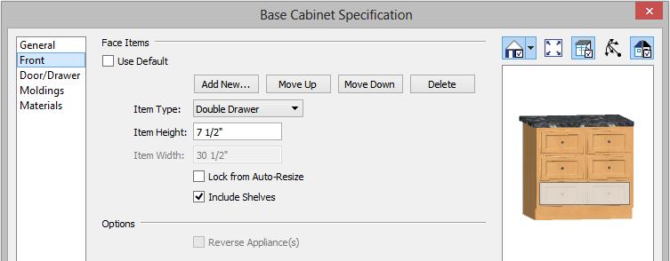 Select the cabinet and click the Open Object edit button to open he Base Cabinet Specification dialog. 3. On the GENERAL panel, specify a Width of 33" and a Depth of 27". 4.