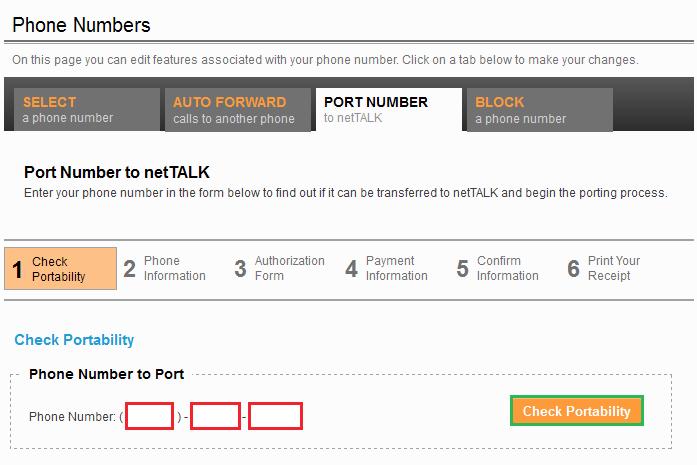 Step 1 Check Portability The porting page starts by asking you to enter the full Phone