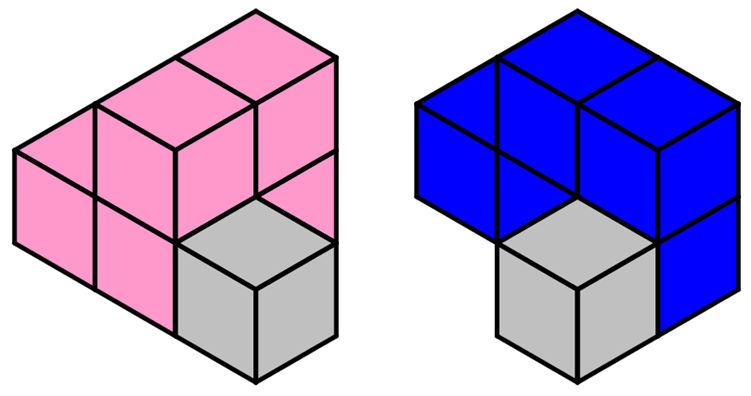 Activity Card 6 In this activity, it is expected that children join five connecting cubes in three different ways. The pink and green shapes are the same and the blue and yellow shapes are the same.