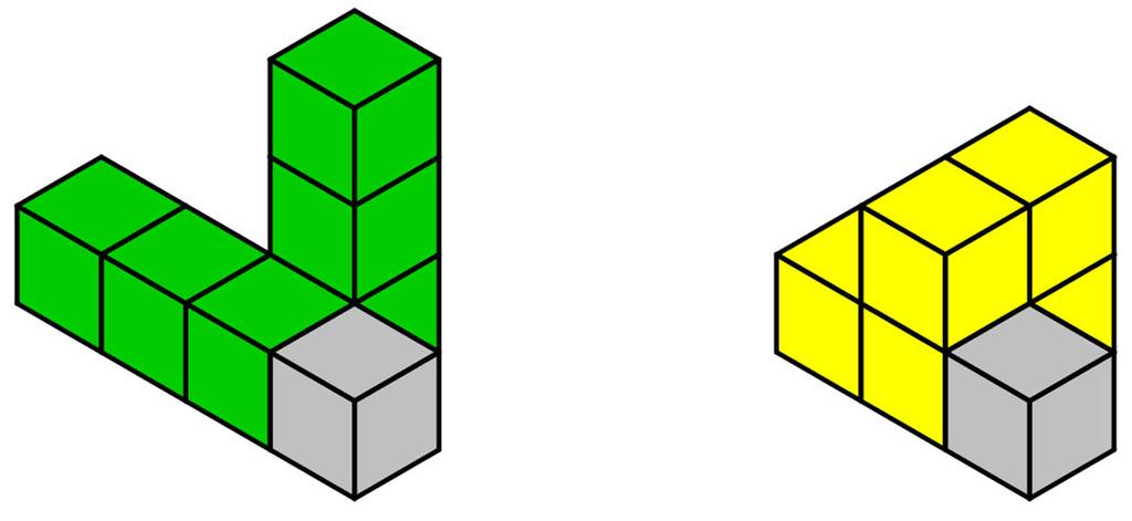 The illustration below shows the pink and blue shapes from a different view where the possible seventh cube is seen.