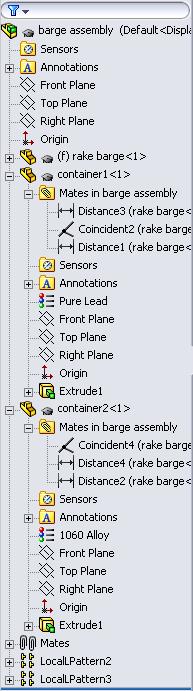 98. By changing the values of your distance mates in the assembly, you can move the containers forwards or backwards in the barge assembly.