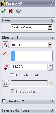In the Features tab, click Extruded cut. 31. In the Extruded cut PropertyManager, locate Direction 1.