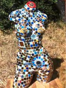 Dick Allen creates humorous torsos by covering a body form with mosaic tiles, as seen at right. Dick will have a sample in the gallery. He will be happy to make a custom portrait under your guidance.