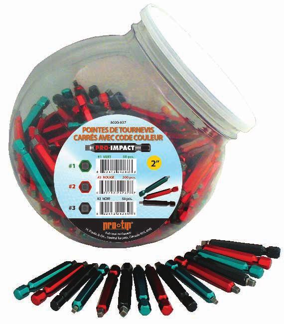 Colour-Coded Counter Top Bit Jar 020-020- The Pro-Tip two piece square recess power bit has a heat treated S-2 alloy steel tip swagged