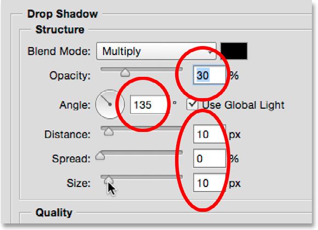 With Drop Shadow selected, lower the Opacity value of the shadow down to around 30% so it s fairly subtle, then change the Angle to around