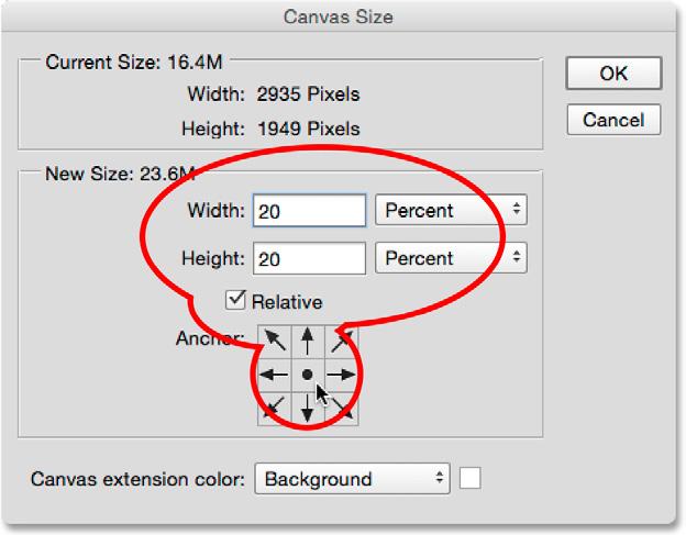 First, make sure the Relative option is checked, which tells Photoshop to start with our current canvas size and add more space to it.