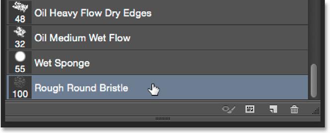 Scroll down the list until you find the 100 px Rough Round Bristle Brush, then click on it to select it: Selecting the 100 px Rough Round Bristle brush.