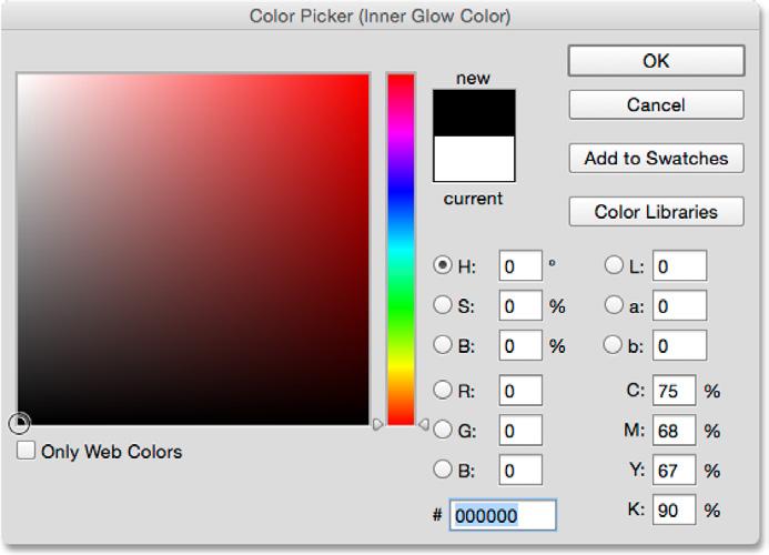 When the Color Picker opens, choose black, then click OK to close out of it: Changing the color of the Inner Glow to black.