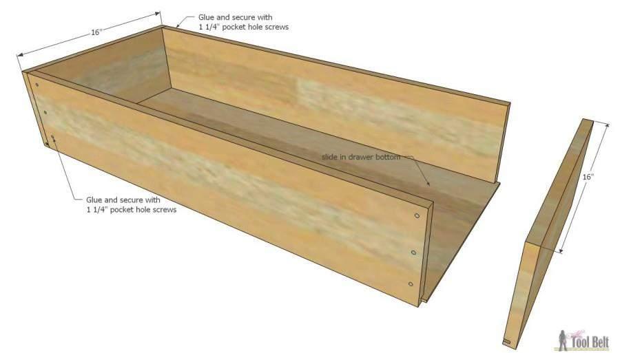10 Assemble the drawers. Use wood glue and 1 1/4" pocket holes to secure a front and back to a side. Slide in the drawer bottom. Then glue and secure the other side with 1 1/4" screws.