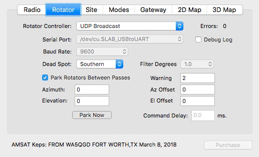 Rotator Preferences Controls Rotator Controller: Serial Port: Baud Rate: Dead Spot: Filter Degrees: Park Rotators Warning Selects the driver for the type of rotator you are using.