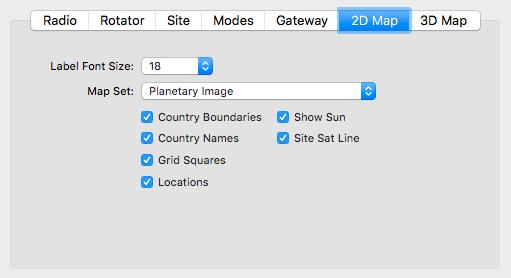 2D Map Preferences Controls Label Font Size Map Set Country Boundaries Country Names Grid Squares Locations Show Sun Site Sat Line Popup will control the size of the satellite labels.