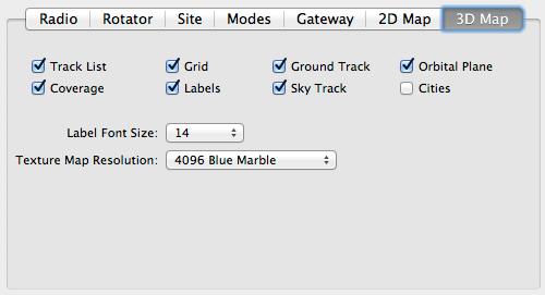 3D Map Preferences Track List Coverage Grid Labels Ground Track Sky Track Orbital Plane Cities Label Font Size Texture Map Resolution Displays all the tracked satellites not just the next one visible.
