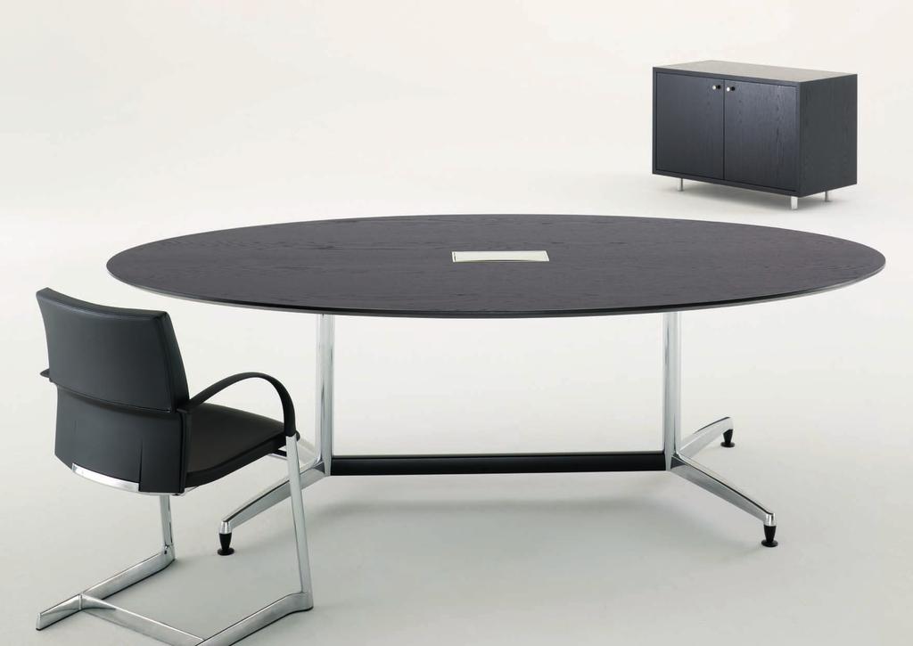 Meeting Table 2400 x 1200mm Oval, Oak veneered top stained black with solid 35mm applied chamfered edge. 2no. polished Y bases with black stretcher rail.