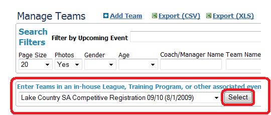 house league, Training Program, or other associated event. In this example the event is called Lake Country Competitive Registration 09/10.