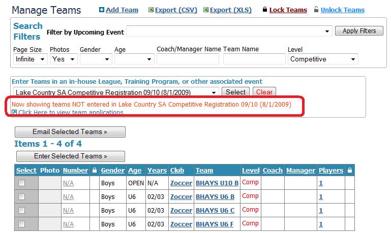 This keeps you from duplication team entries. 9) Click on the Select link at the top left of the team table.