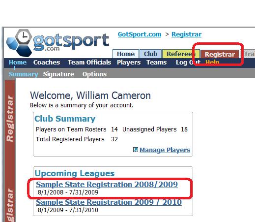 Once teams have been entered into a registration league, they will show up in the Registrar module home page.