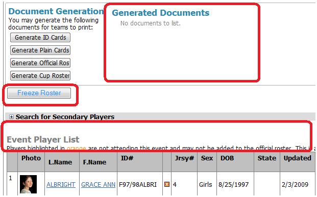 Notice there are no Generated Documents and no links above the player list table.