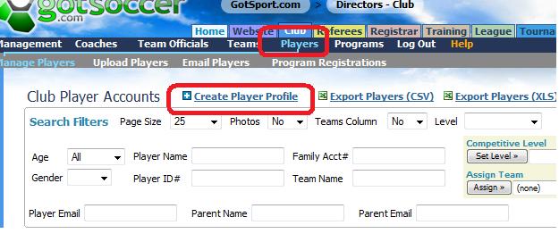 If the Player is not found, you will need to create a new player account. To create a new player account: 1) Click on the Players link on the dark blue menu bar.