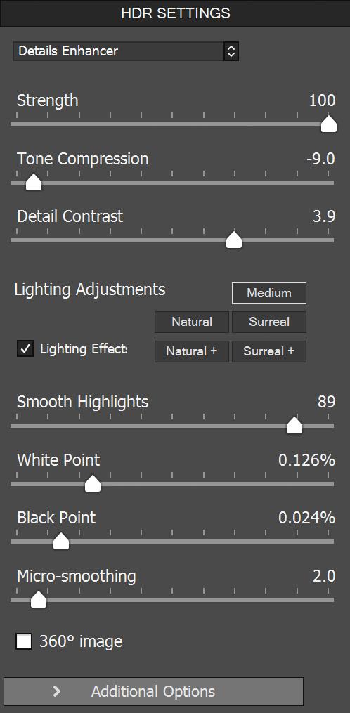 8.2 HDR Settings - Details Enhancer Strength: Affects the amount of enhancement given to contrast and detail in the image. A value of 100 gives the greatest enhancement.