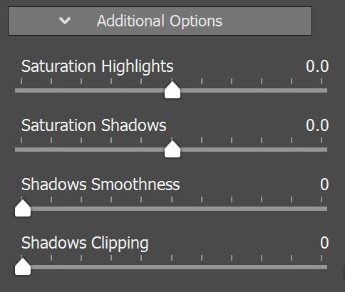 8.2.1 Additional Options for Details Enhancer Saturation Highlights: Adjusts the color saturation of the highlights relative to the color saturation set with the Color Saturation slider.