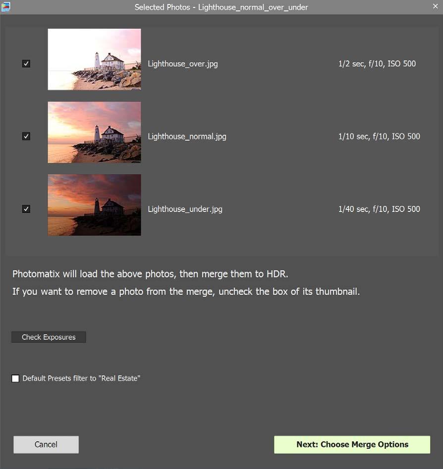 The Selected Photos Window Before merging your bracketed set into a single image file you can review the image thumbnails, and deselect any photos you may wish not to include in the merge (for