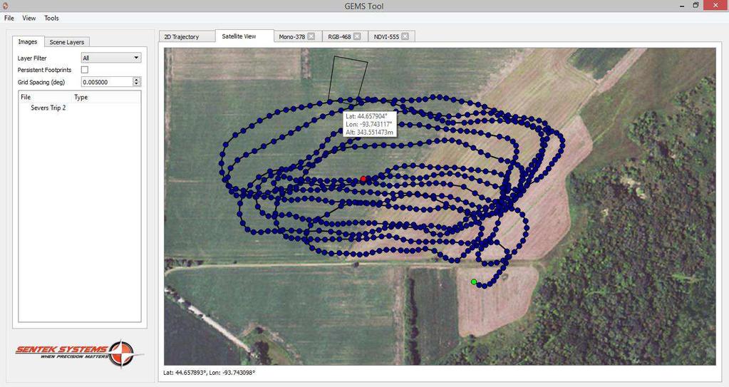 2D image footprint on ground Automatically loads 2D flight trajectory overlaid on satellite imagery Blue dots indicate camera trigger points Right click and view: RGB, NIR, or NDVI for each