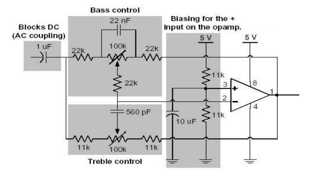 5. Block Diagram Component 2: Tone Controller The tone control circuitry is shown in figure 4. NOTE: I HAVE NOT INCLUDEDTHE VOLTAGE FOLLOWER IN FIGURE 4.