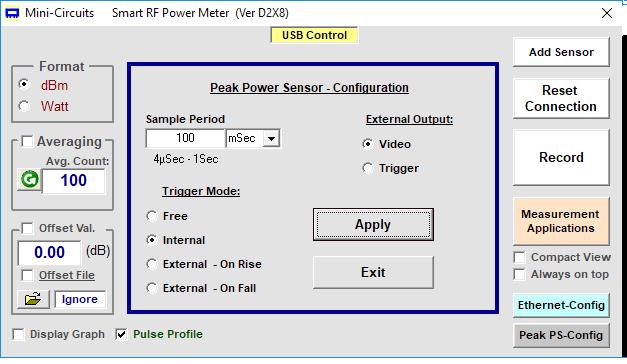 USB/Ethernet Peak&Avg Smart Power Sensor Graphical User Interface - Pulse Profiling Features Set the sample period between 10µs and 1s to capture the pulse profile Select from 4 trigger options: 1.