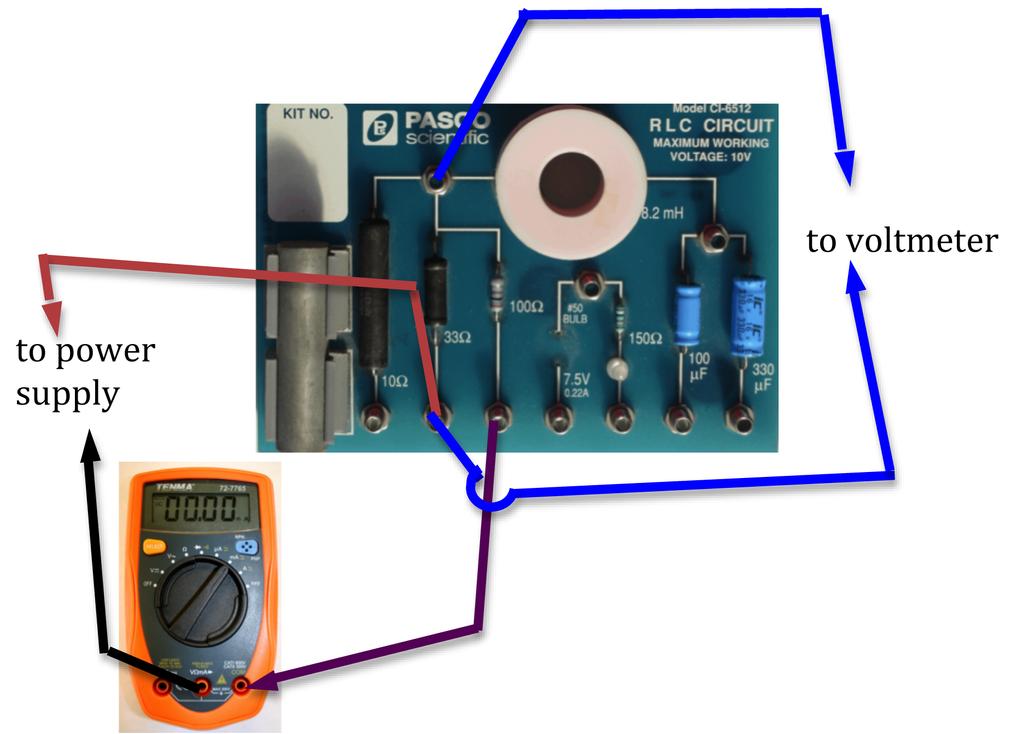 Figure 10: Measuring potential difference across the 33 Ω resistor CHECKPOINT 5: Ask your TA to check your circuit before proceeding. 14 Set the power supply to deliver 3 V.